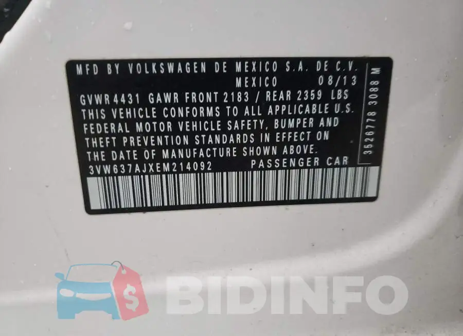 3VW637AJXEM214092 Photo# 10