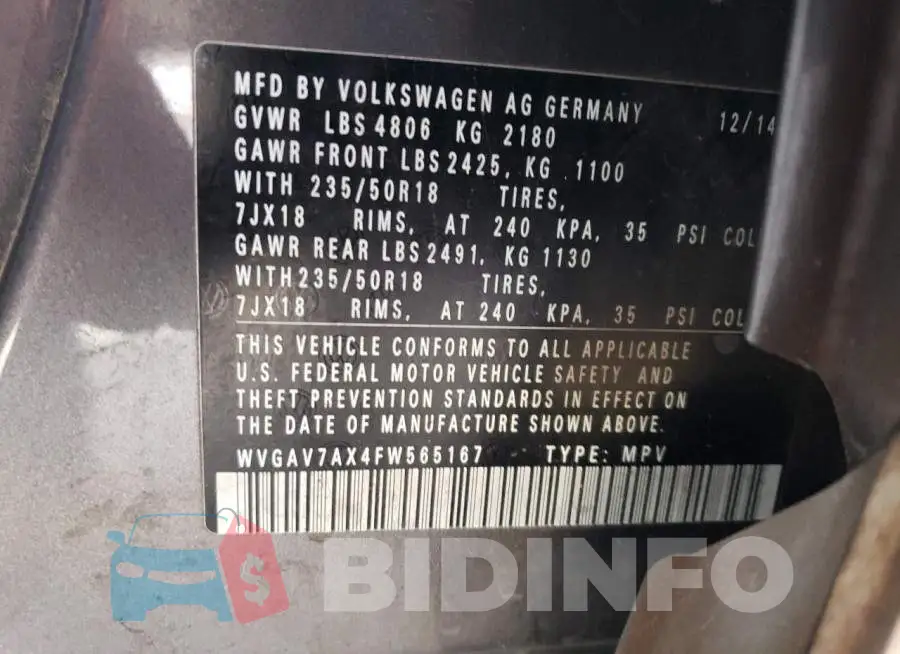 WVGAV7AX4FW565167 Photo# 13