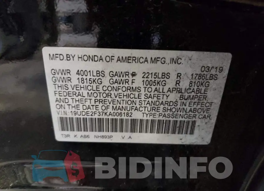 19UDE2F37KA006182 Photo# 10