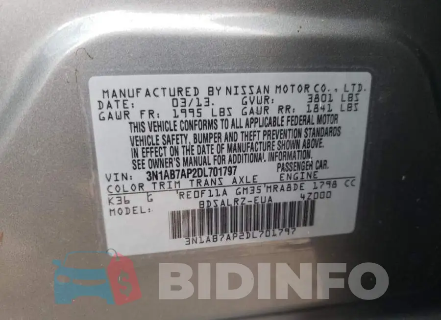 3N1AB7AP2DL701797 Photo# 12