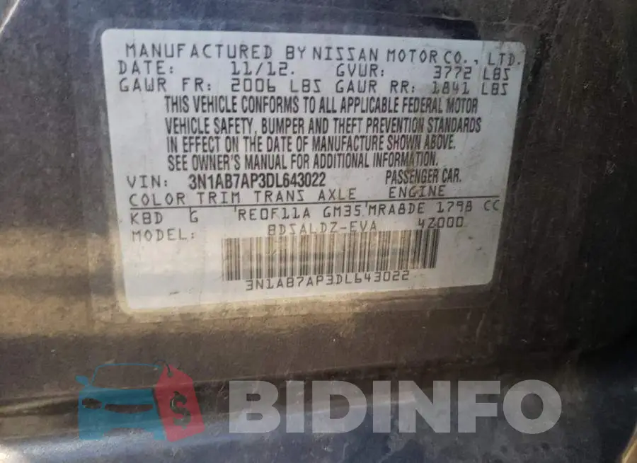 3N1AB7AP3DL643022 Photo# 12