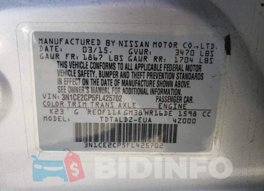 3N1CE2CP5FL425702 Photo# 10