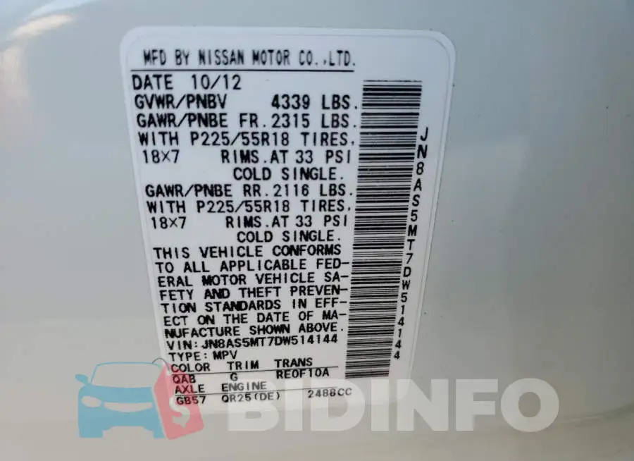 JN8AS5MT7DW514144 Photo# 13