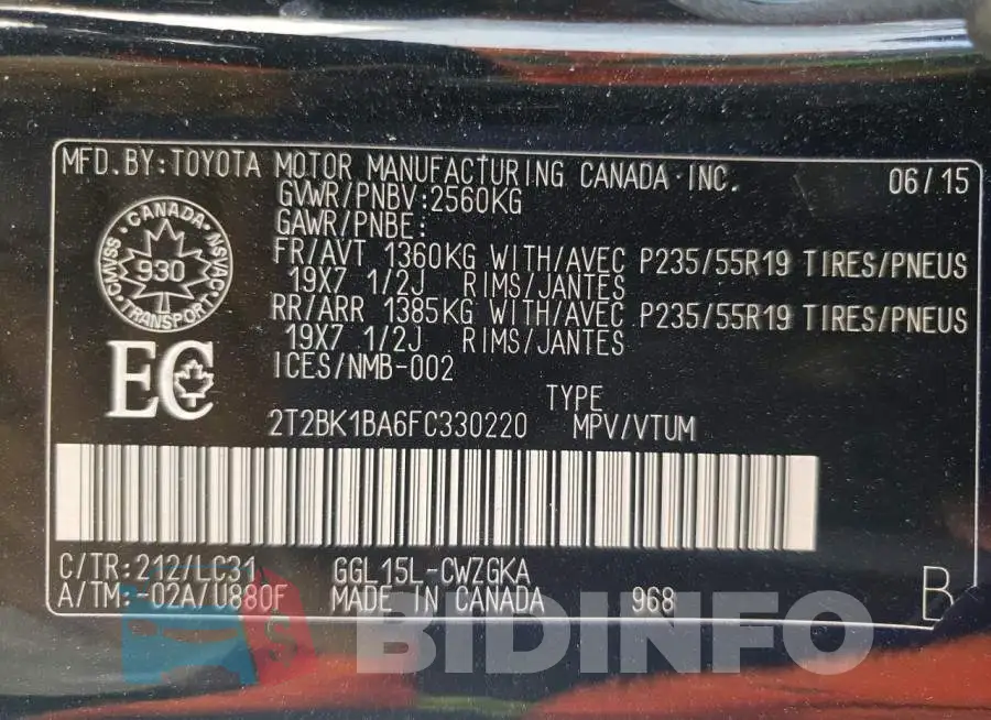 2T2BK1BA6FC330220 Photo# 10