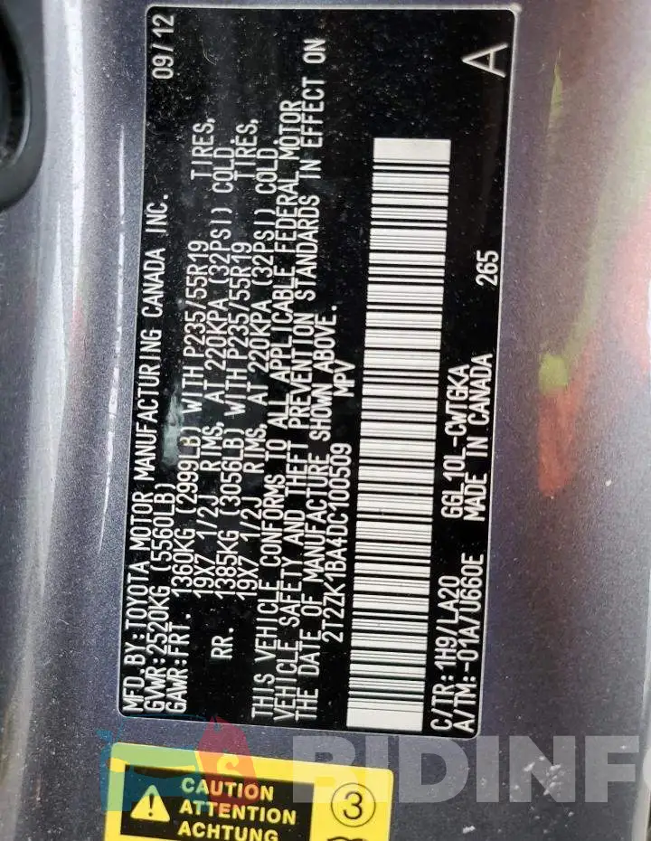 2T2ZK1BA4DC100509 Photo# 13