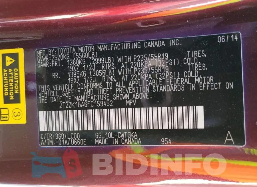 2T2ZK1BA6FC159452 Photo# 13