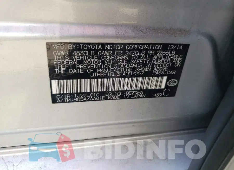 JTHBE1BL3FA007257 Photo# 10