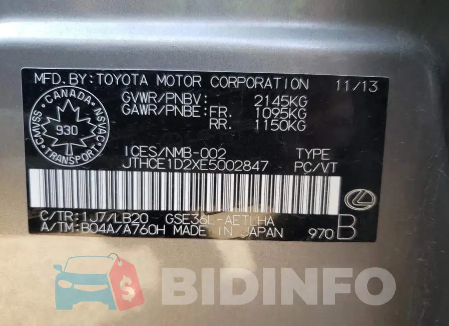 JTHCE1D2XE5002847 Photo# 10