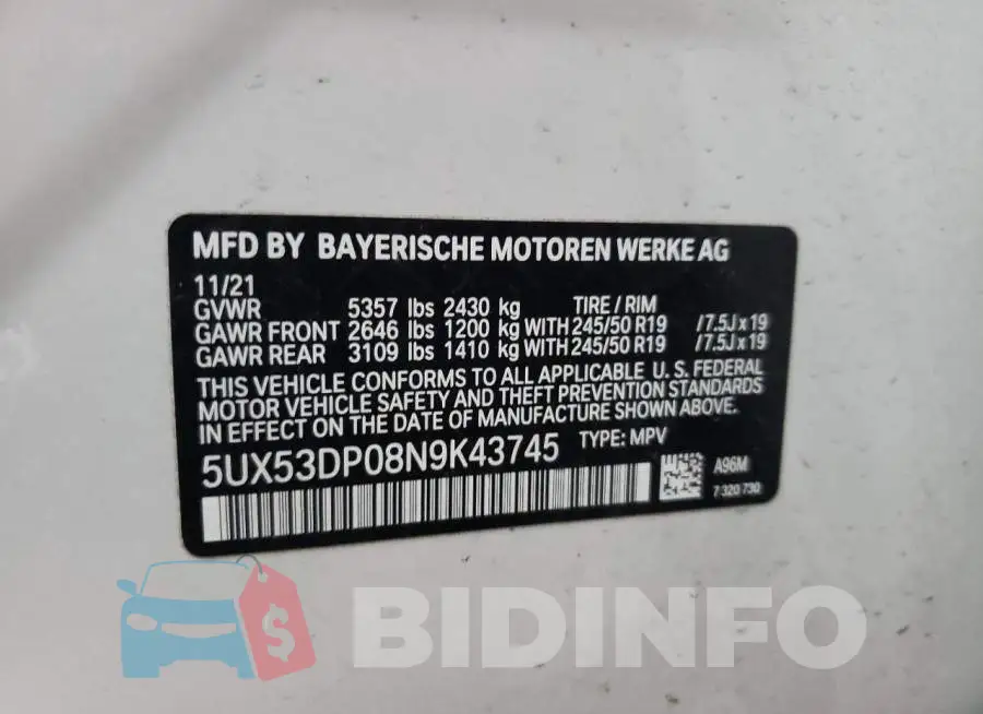 5UX53DP08N9K43745 Photo# 12