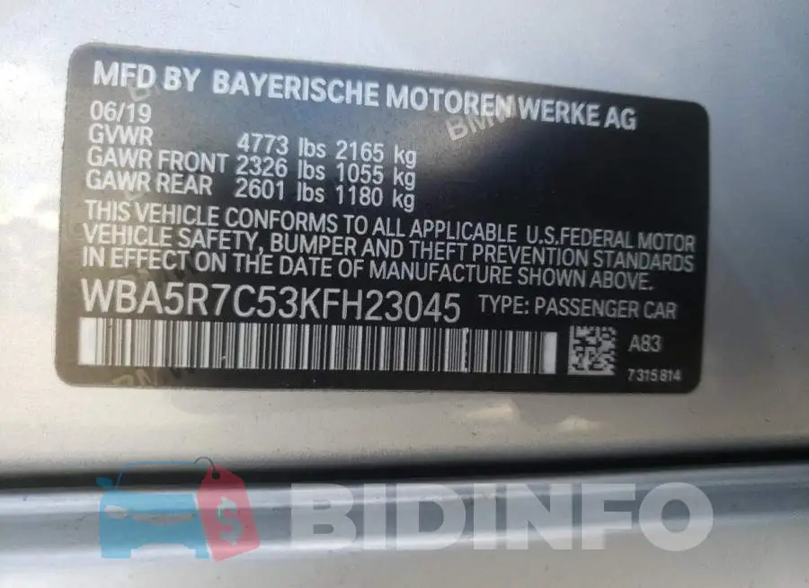 WBA5R7C53KFH23045 Photo# 13
