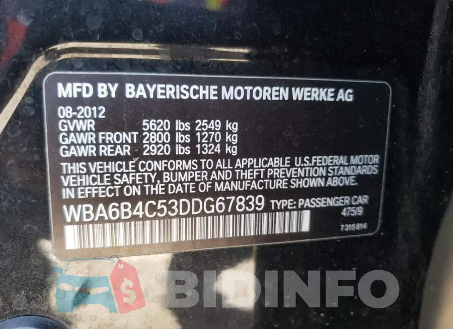 WBA6B4C53DDG67839 Photo# 10