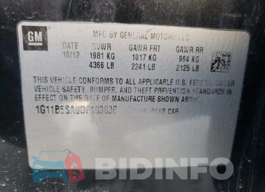 1G11B5SA0DF193036 Photo# 10