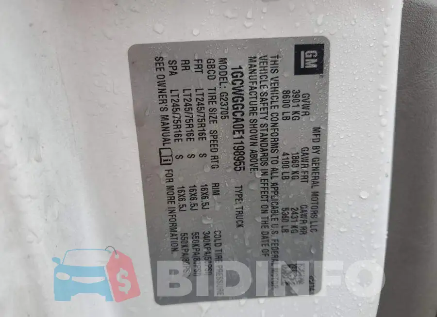 1GCWGGCA0E1198955 Photo# 10