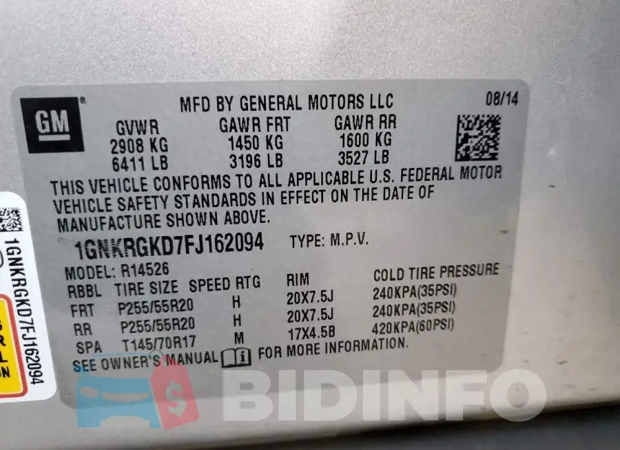 1GNKRGKD7FJ162094 Photo# 14