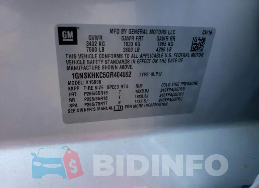 1GNSKHKC5GR404062 Photo# 10