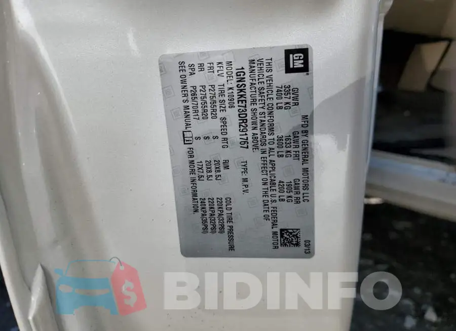 1GNSKKE73DR291767 Photo# 10
