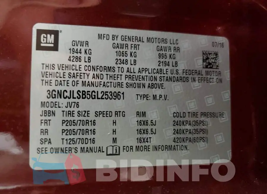 3GNCJLSB5GL253961 Photo# 13