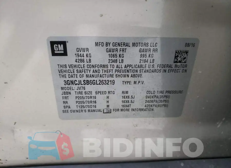 3GNCJLSB6GL263219 Photo# 10