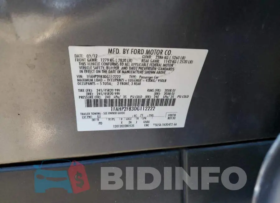 1FAHP2F83DG112222 Photo# 10