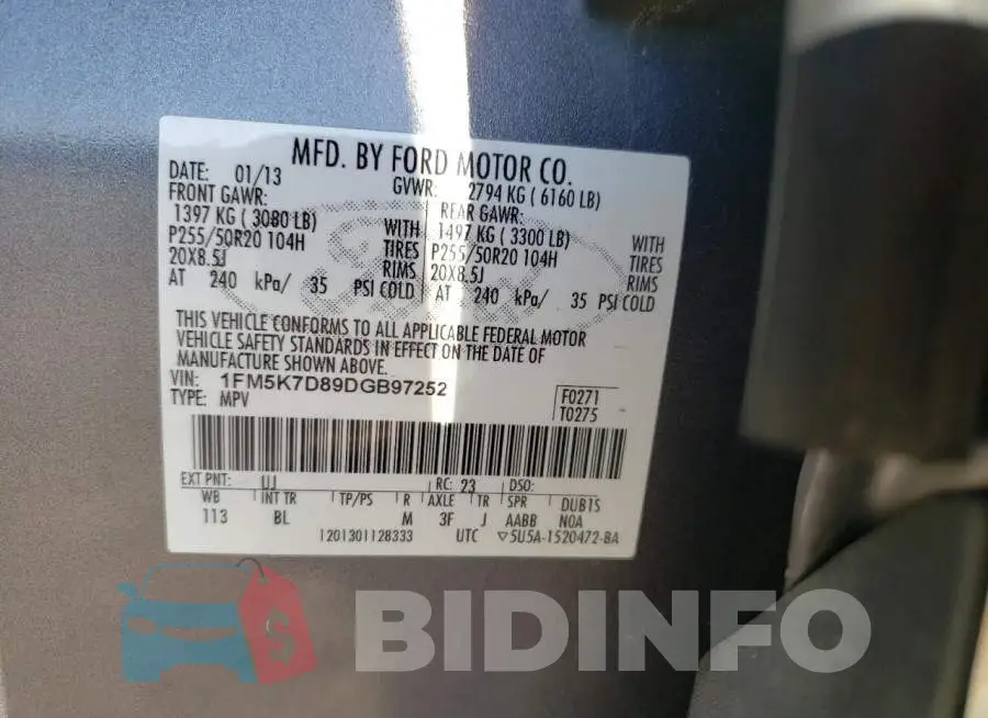 1FM5K7D89DGB97252 Photo# 10