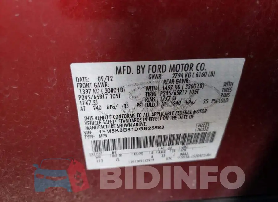 1FM5K8B81DGB25583 Photo# 10