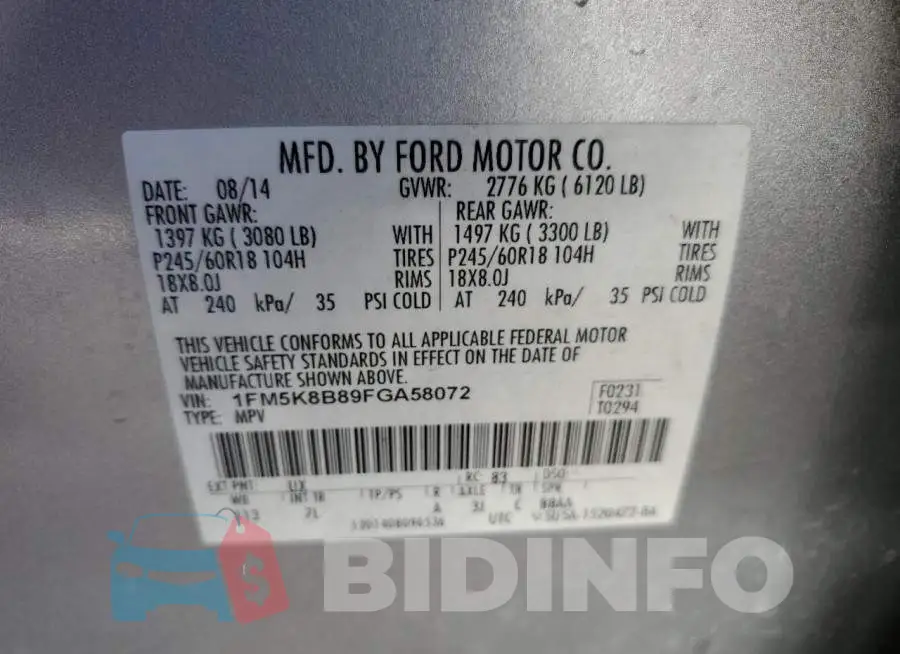 1FM5K8B89FGA58072 Photo# 10
