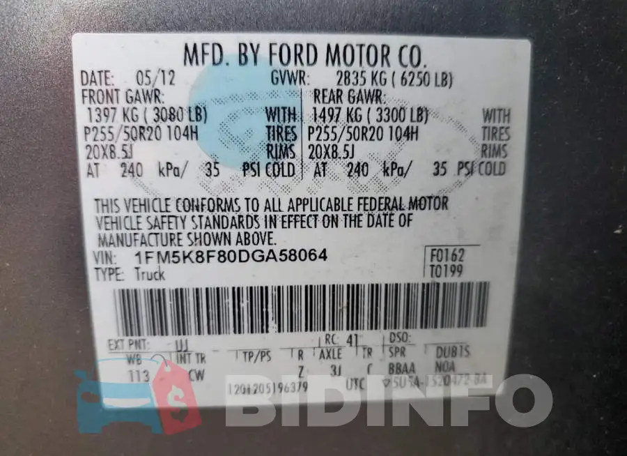 1FM5K8F80DGA58064 Photo# 14
