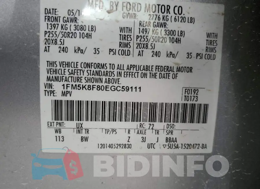 1FM5K8F80EGC59111 Photo# 10