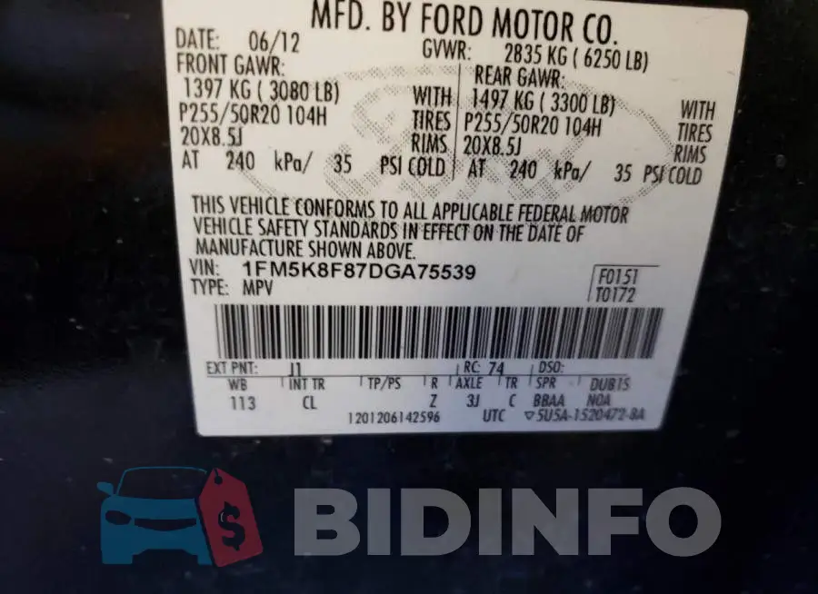 1FM5K8F87DGA75539 Photo# 10