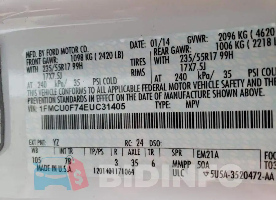1FMCU0F74EUC31405 Photo# 10