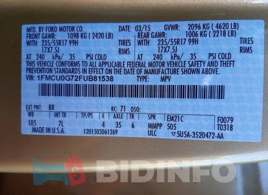 1FMCU0G72FUB81538 Photo# 10