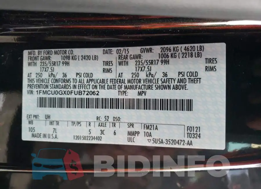 1FMCU0GX0FUB72062 Photo# 10