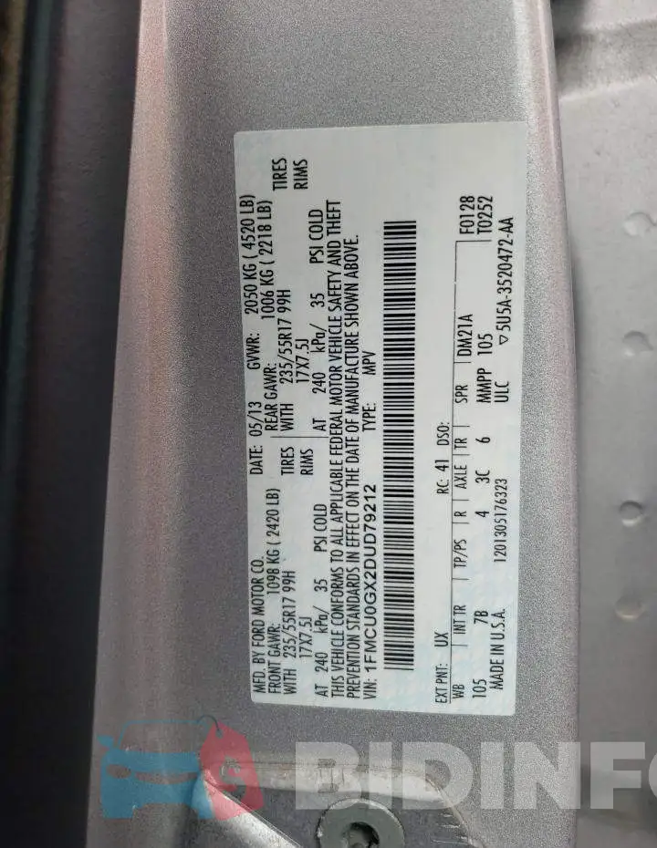 1FMCU0GX2DUD79212 Photo# 10