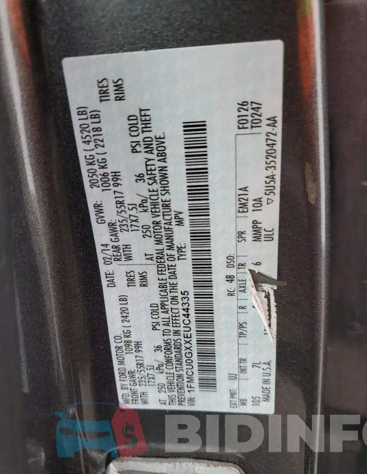 1FMCU0GXXEUC44335 Photo# 12