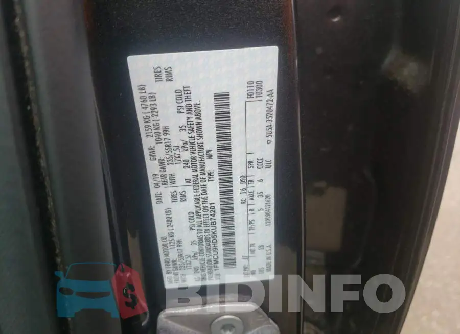 1FMCU9HD5KUB74201 Photo# 10