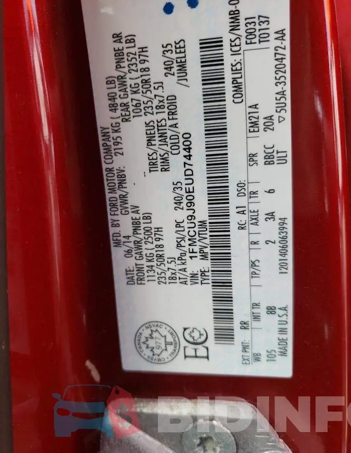 1FMCU9J90EUD74400 Photo# 10
