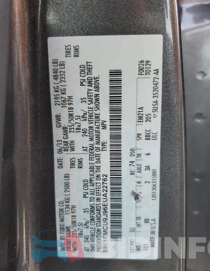 1FMCU9J96EUA22762 Photo# 10