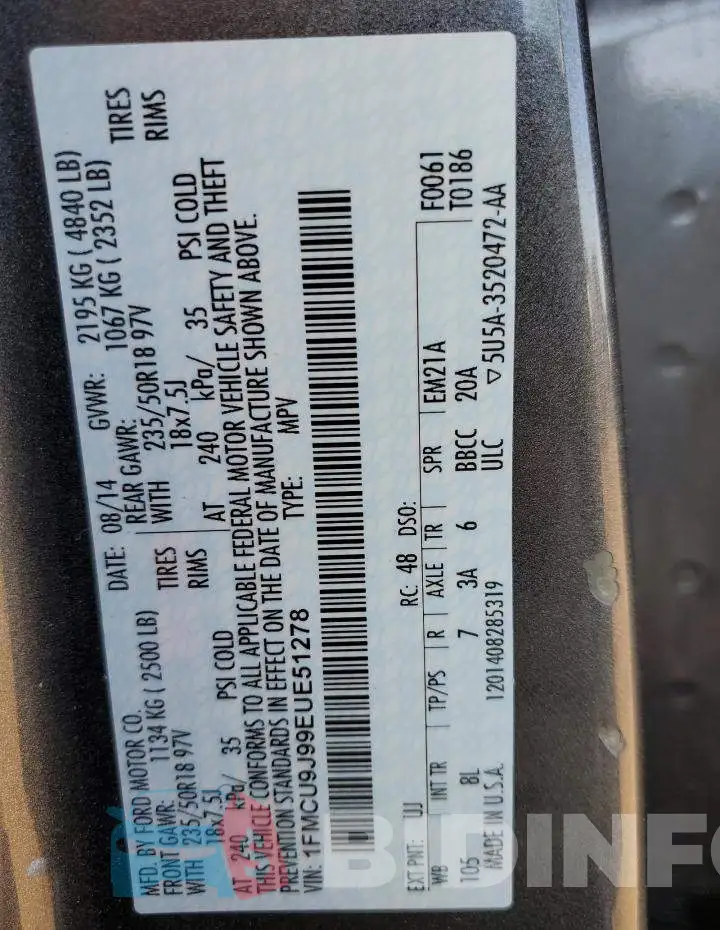 1FMCU9J99EUE51278 Photo# 10