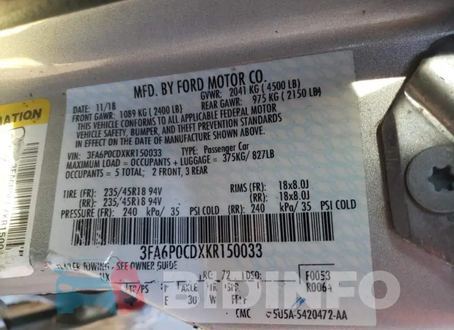 3FA6P0CDXKR150033 Photo# 10