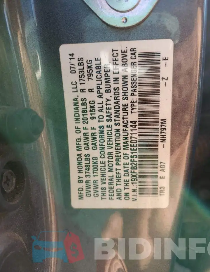 19XFB2F51EE071144 Photo# 10