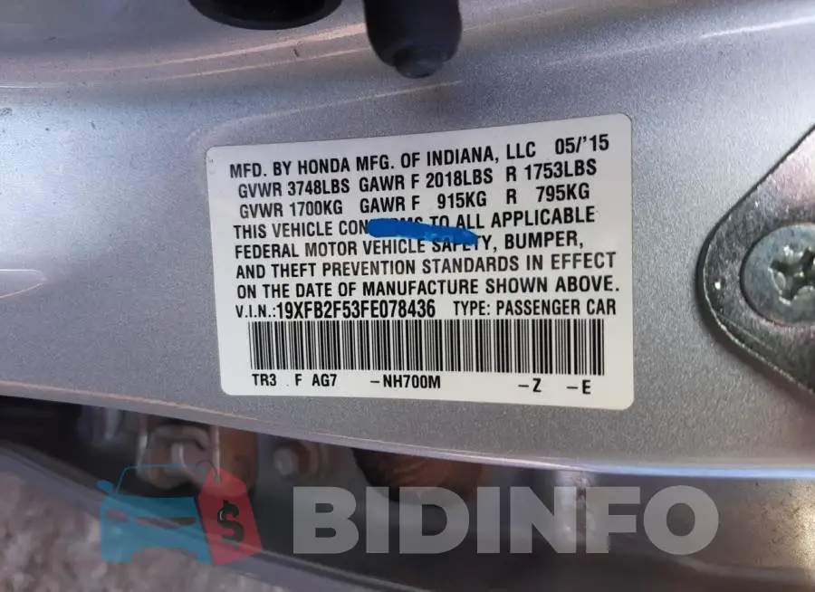 19XFB2F53FE078436 Photo# 13