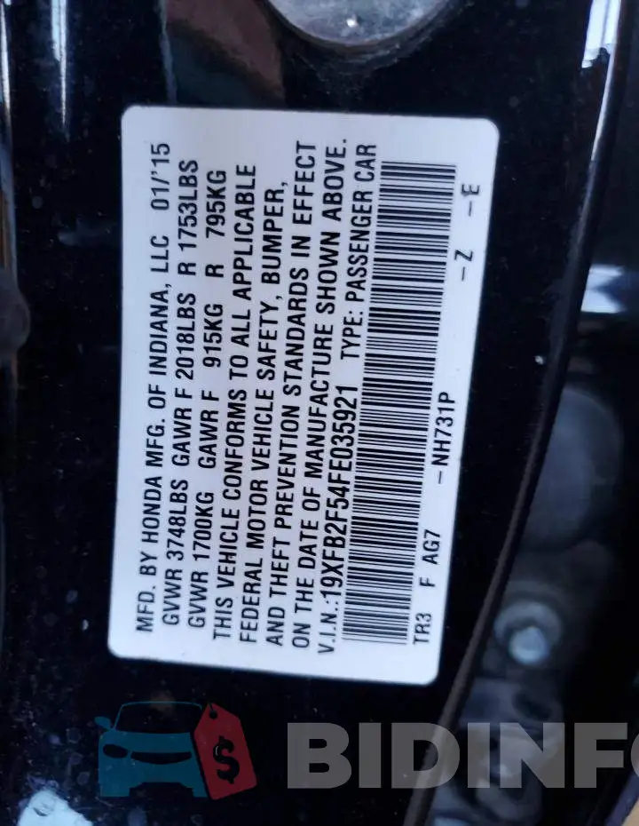 19XFB2F54FE035921 Photo# 10