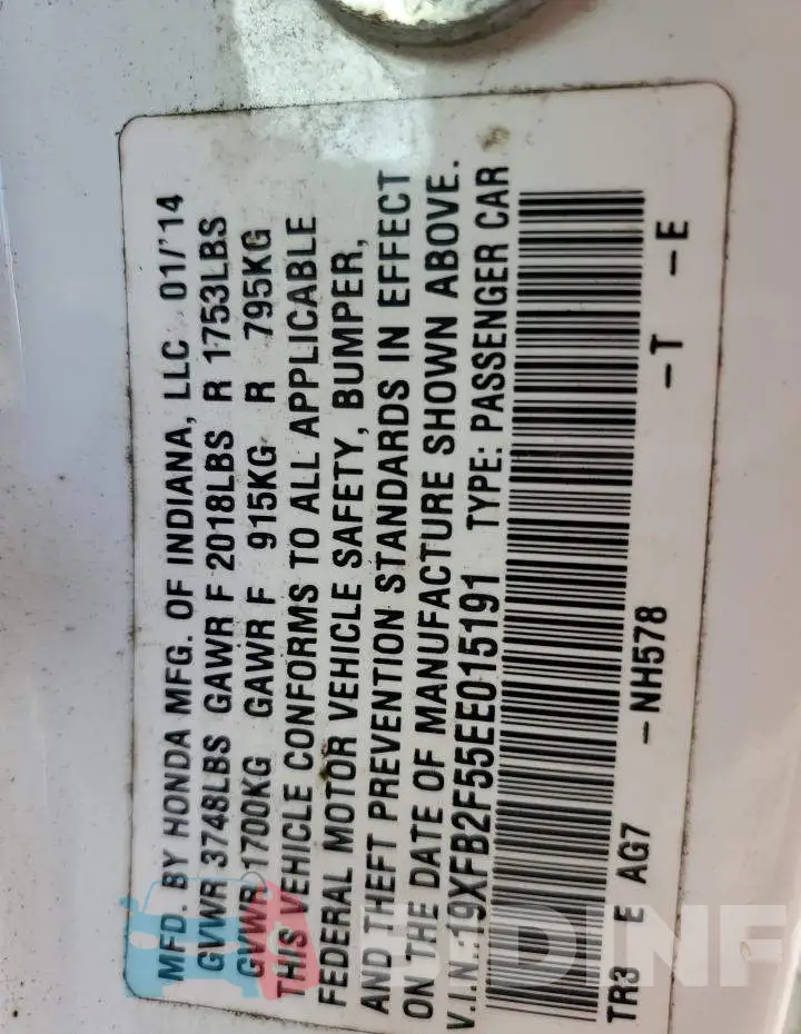 19XFB2F55EE015191 Photo# 10