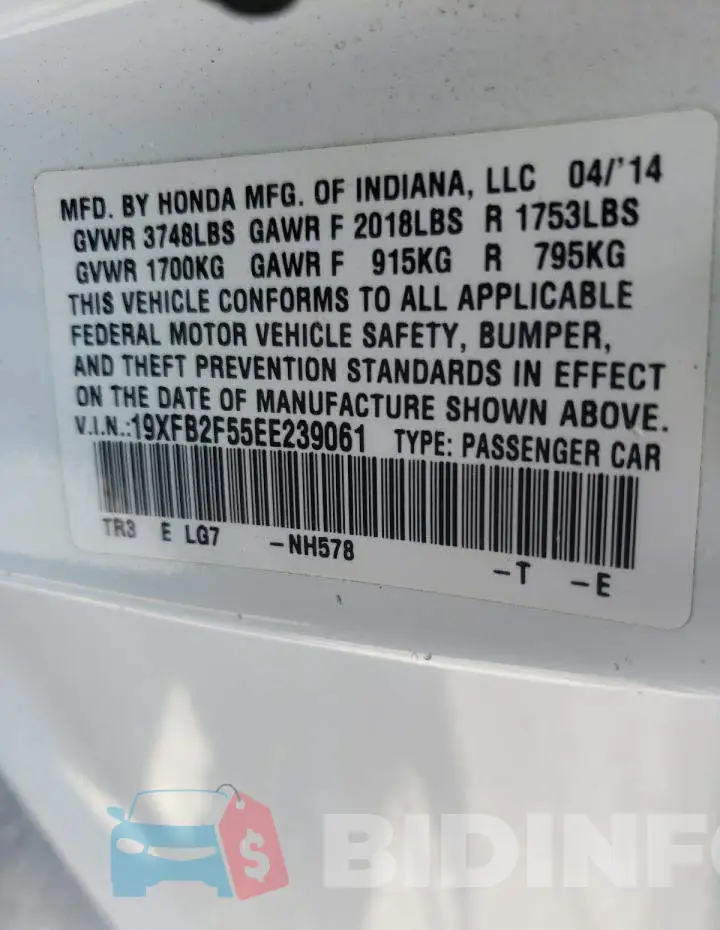 19XFB2F55EE239061 Photo# 10