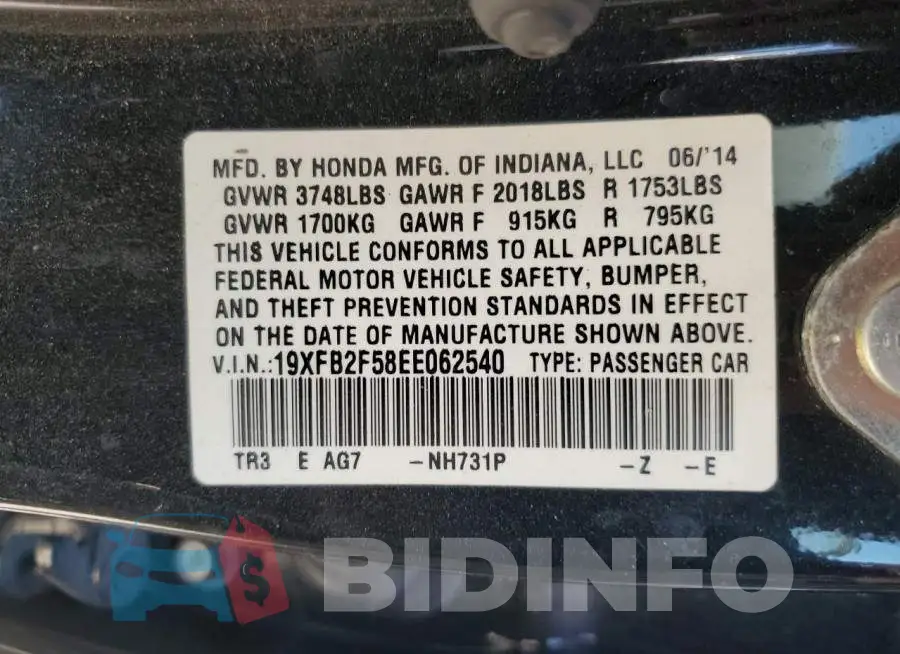 19XFB2F58EE062540 Photo# 10
