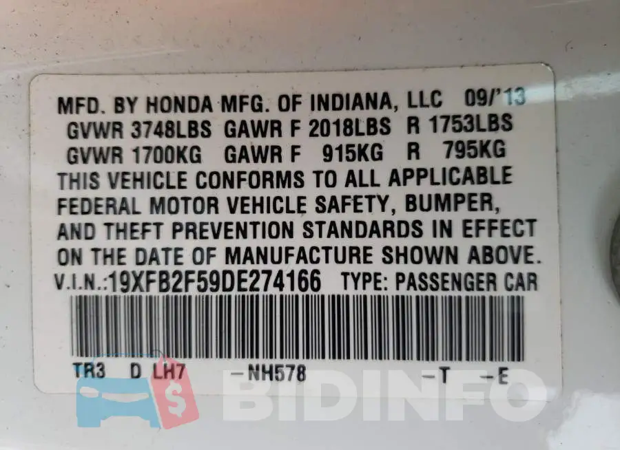 19XFB2F59DE274166 Photo# 10