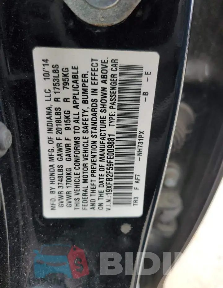 19XFB2F59FE009881 Photo# 10