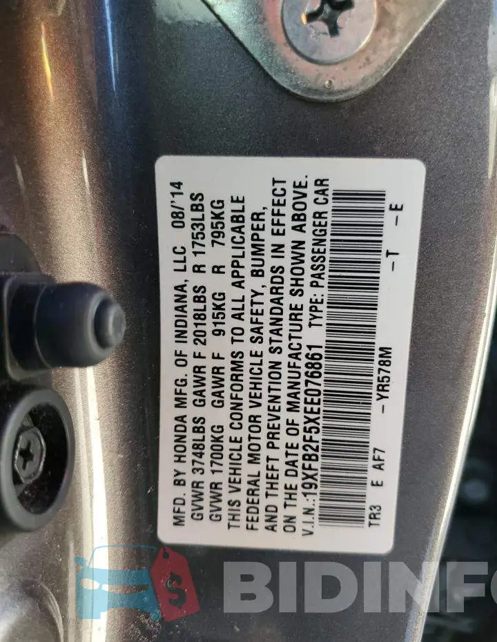 19XFB2F5XEE076861 Photo# 10