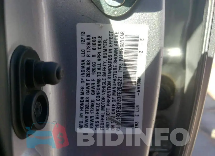 19XFB2F83EE204321 Photo# 10