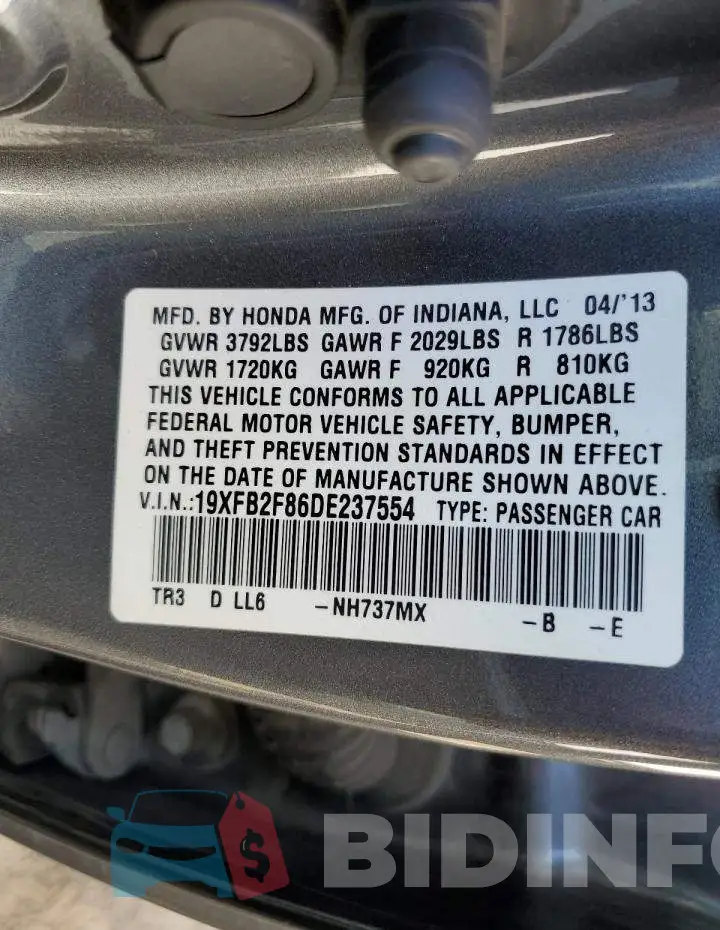 19XFB2F86DE237554 Photo# 10